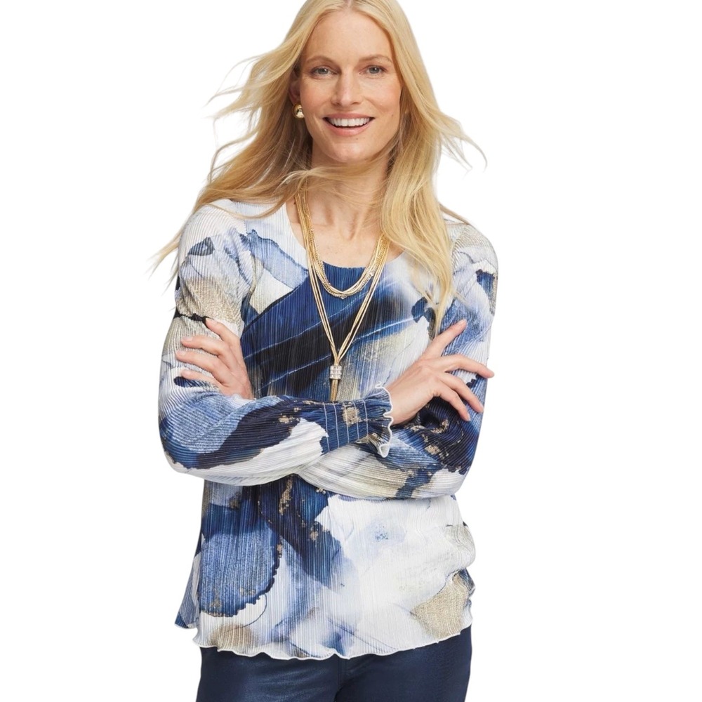 Chico's Foil Ocean Print Crinkle Top Artistic Watercolor Pleated Womens Size 2 L